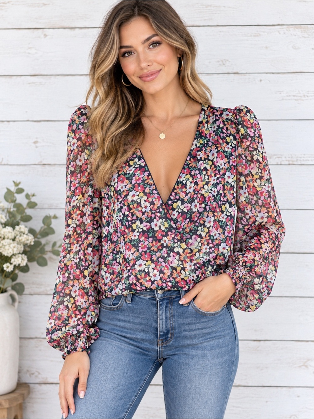 Sam & Jess Floral Surplice Faux Wrap Blouse w/ Puff Sleeves Petite Medium #Q204